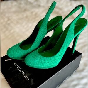 Brian Atwood Kelly Green Lizard texture platform stilettos